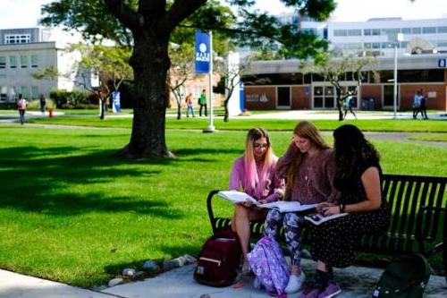 three girls sitting on a bench on campus